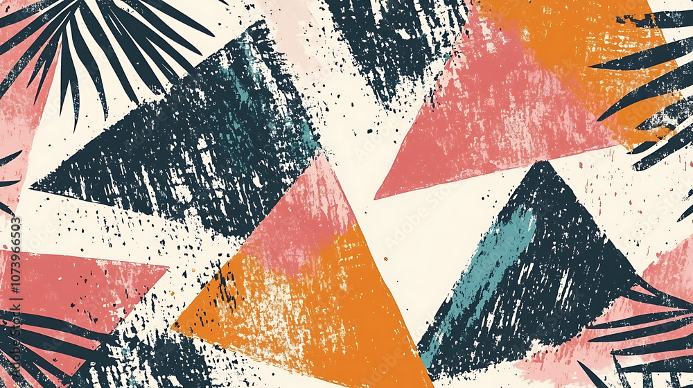 Aufkleber blue and white pattern with red triangles, stripes and dots in a geometric style