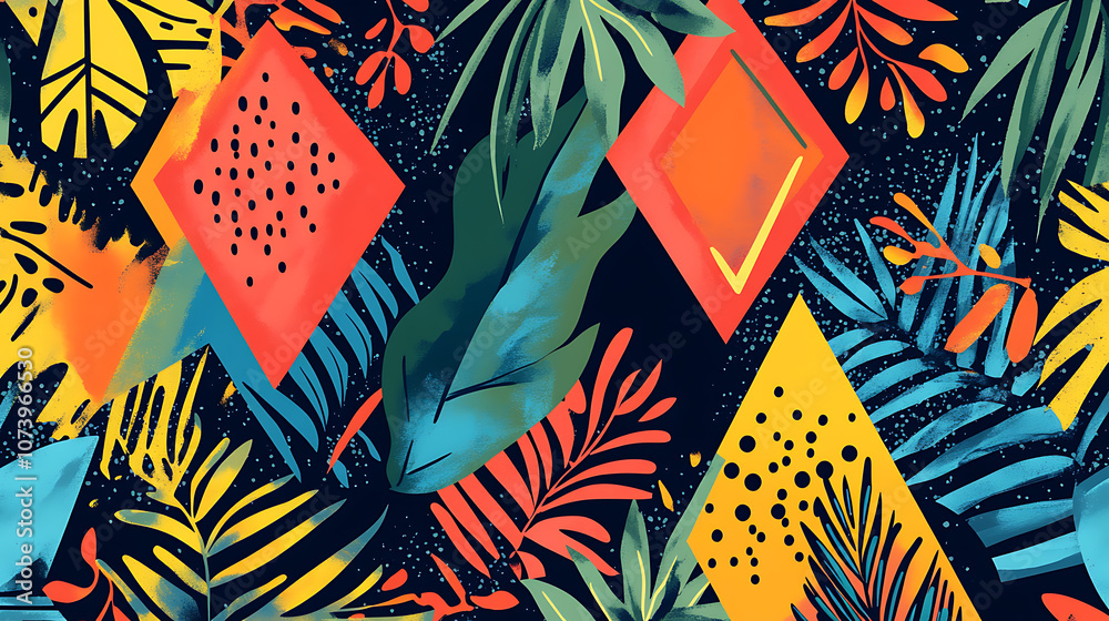 Poster Blue and white pattern with red triangles, stripes and dots in a geometric style