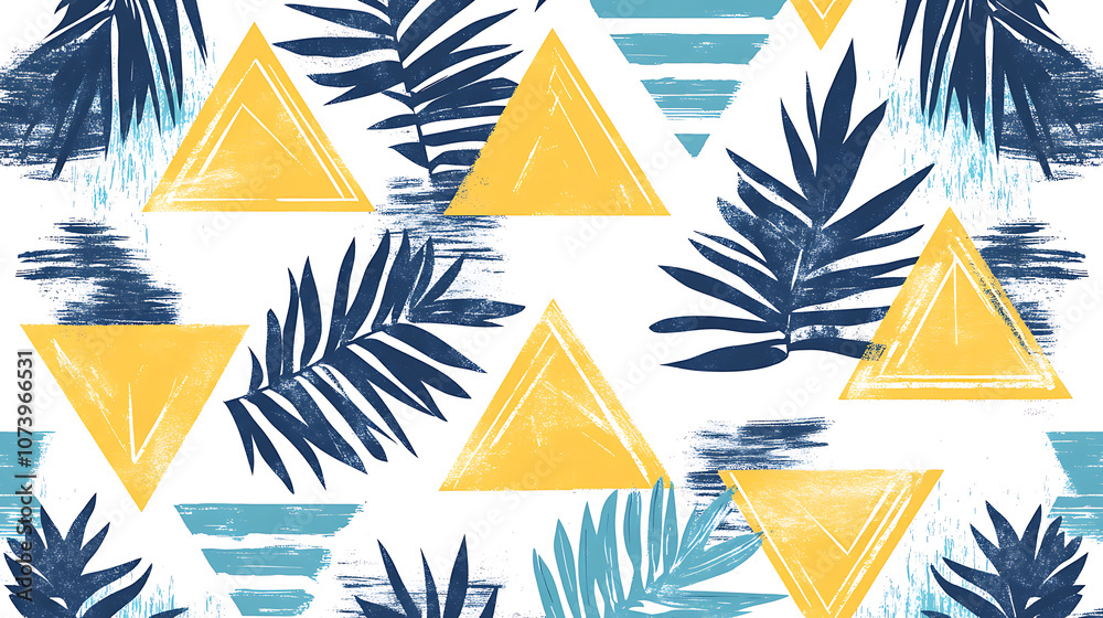 Aufkleber blue and white pattern with red triangles, stripes and dots in a geometric style