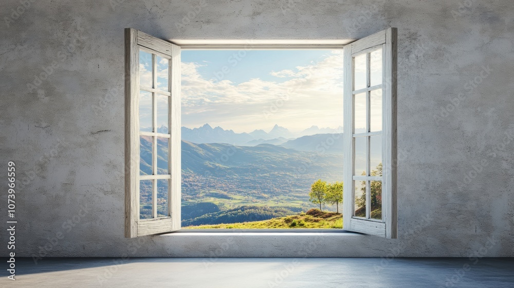 Poster Light floods through a wide-open window, framing a tranquil view of distant mountains and vibrant nature under a bright sky. Generative AI