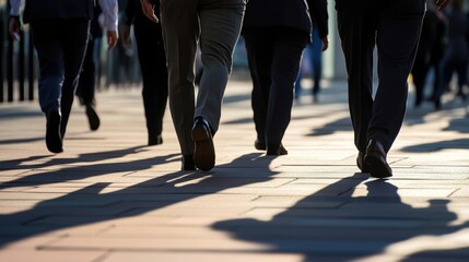 Obraz premium Business people walking in urban street with shadows on pavement. Corporate lifestyle and commute concept