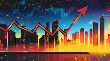 Naklejka premium An upward arrow and stock market graph with a city background, symbolizing business growth or financial success