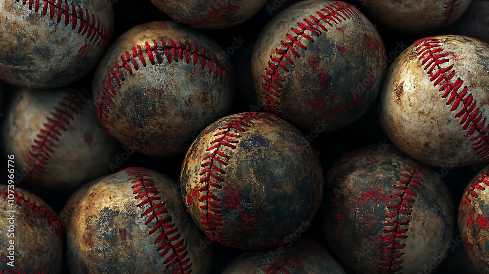 Poster Baseball balls background with red stitching lying in a pile