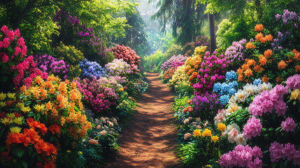 Beautiful flower garden with colorful flowers and lush greenery, surrounded by trees and shrubs path leading to the center of view is lined on both sides with various blooming plants