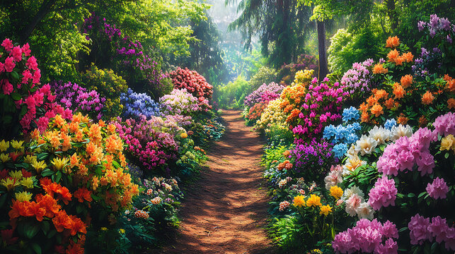 Beautiful flower garden with colorful flowers and lush greenery, surrounded by trees and shrubs path leading to the center of view is lined on both sides with various blooming plants