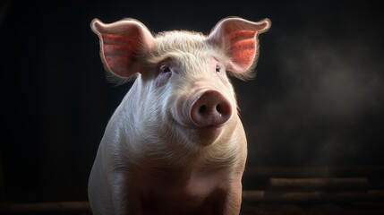 Small Pig With Pink Ears Standing in Front of a Dark Background. Generative AI.