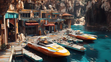 Obraz premium Futuristic boats docked near popeye village, with advanced technology integrated into the rustic environment. Rustic. Illustration