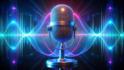 A futuristic microphone emitting holographic waveforms, symbolizing the blend of traditional communication and modern digital technology