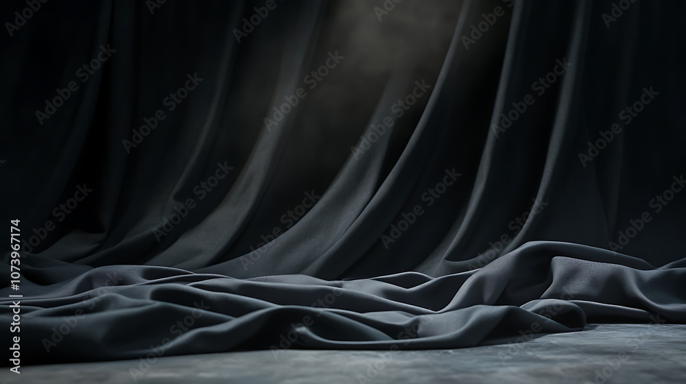Poster Black background with a gray table in the foreground, illuminated by soft light from above texture of fabric and a soft glow that adds depth to the composition
