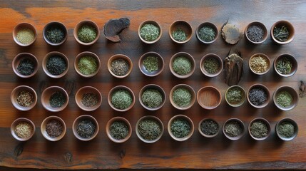 Assortment of Tea Leaves in Small Bowls Arrangement