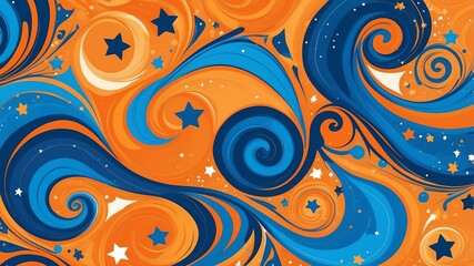 Fototapeta premium Cute orange and blue swirls with stars background