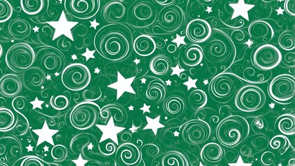 Fototapeta premium Cute green and white swirls with stars background