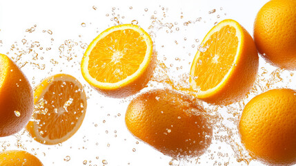 A vibrant arrangement of whole and sliced oranges scattered against a white background showcasing their rich color and texture