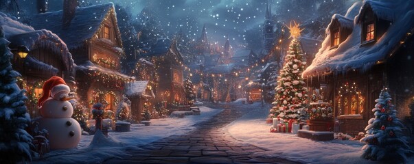 Christmas village street at night with decorated houses, snowman, and festive lights