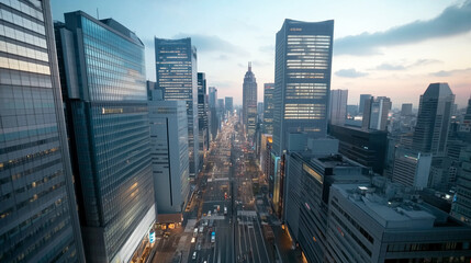 Obraz premium Modern cityscape at dusk with high-rise buildings and bustling streets