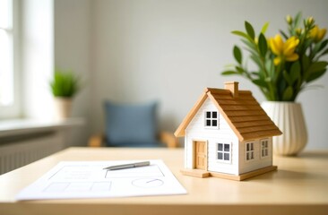 Real Estate. Miniature House Model and white sheet of paper on the light wooden table. Homeownership, real estate investment. With Copy Space for text