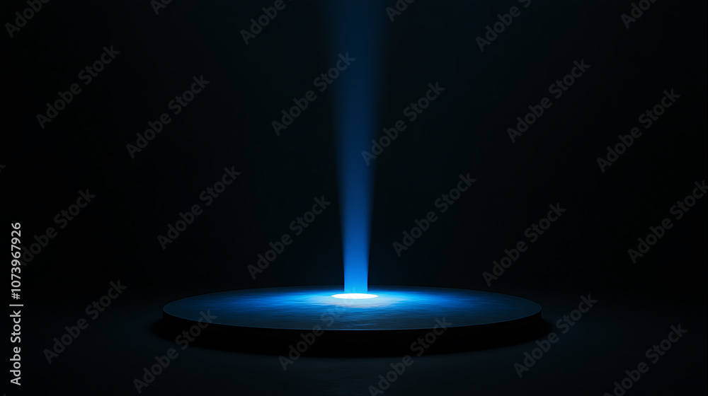 Poster Dark black background with a blue glow, simple and minimalistic A single light source illuminates the center of an empty space