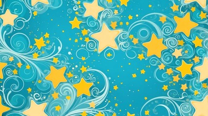 Fototapeta premium Cute aqua and yellow swirls with stars background