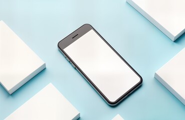White blank cards, a modern smartphone on blue background. Mockup for branding. Corporate identity design. Mobile phone with white empty space for text or image.