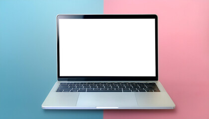 Laptop with white screen display mock-up, isolated on a soft blue and Pink Pastel