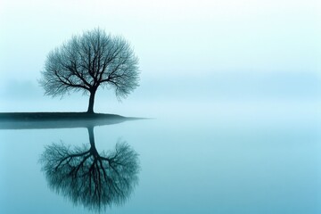 Fog Over a Serene Lake: A still lake reflecting the surrounding fog and a solitary tree on the shoreline. 