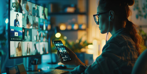 Professional in Modern Office Engaged in Charity Video Call with Live Stream and Donation Features