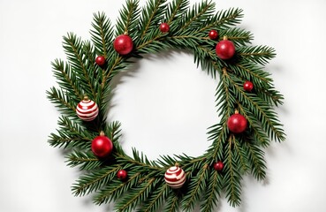 Pine tree wreath with red and white Christmas ornaments. Top view of round chaplet isolated on white background. Festive winter decoration for holiday season.