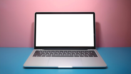 Fototapeta premium Laptop with white screen display mock-up, isolated on a soft blue and Pink Pastel