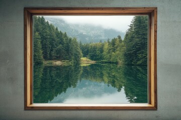 Fototapeta premium Bright morning light illuminates the reflection of a peaceful lakeside landscape framed by a rustic wooden window. Generative AI