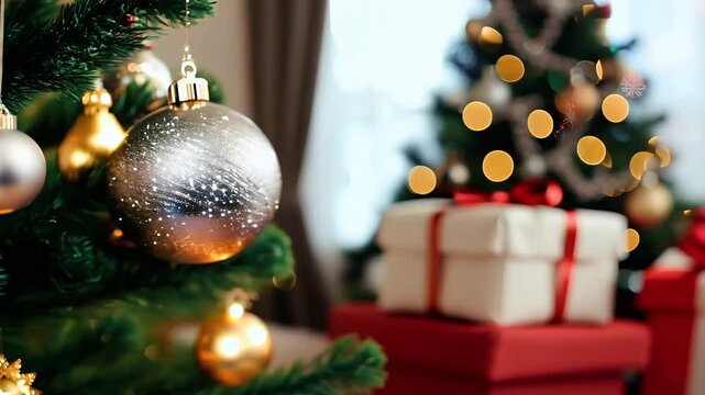 Holiday banner blurred background video decorated Christmas tree gift boxes creating cozy celebratory winter scene bokeh room home decoration red merry santa