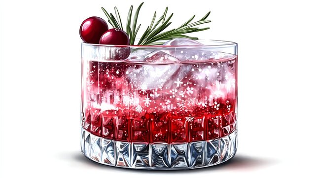 Refreshing cranberry cocktail with ice and rosemary garnish.