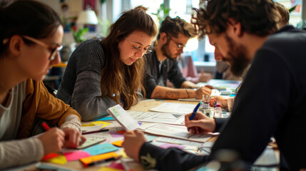 Creative Startup Team Collaborating on App Design in Innovative Studio Workspace