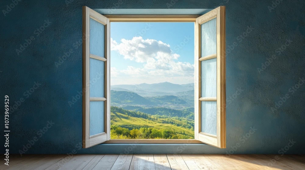 Poster An open window frames a stunning view of hills and clouds, inviting a sense of tranquility and connection to nature. Generative AI