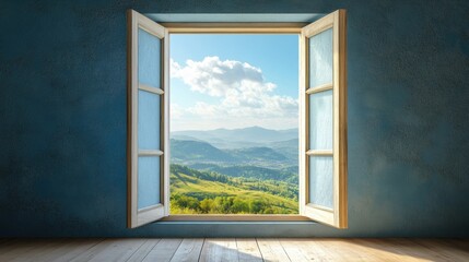 An open window frames a stunning view of hills and clouds, inviting a sense of tranquility and connection to nature. Generative AI © Anat art