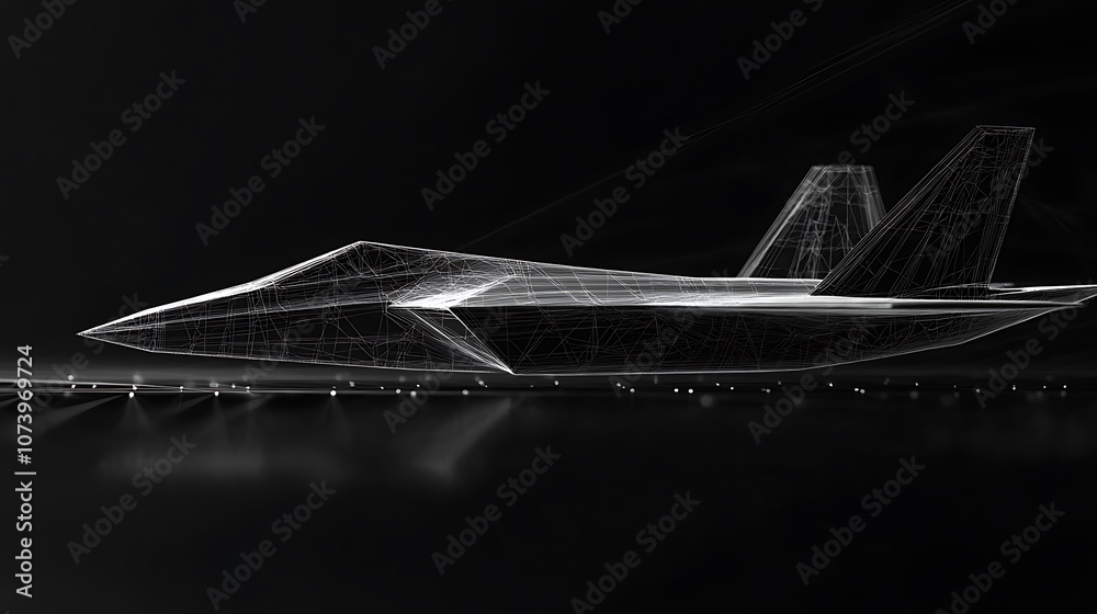 Poster 3d render wireframe of stealth aircraft on black background