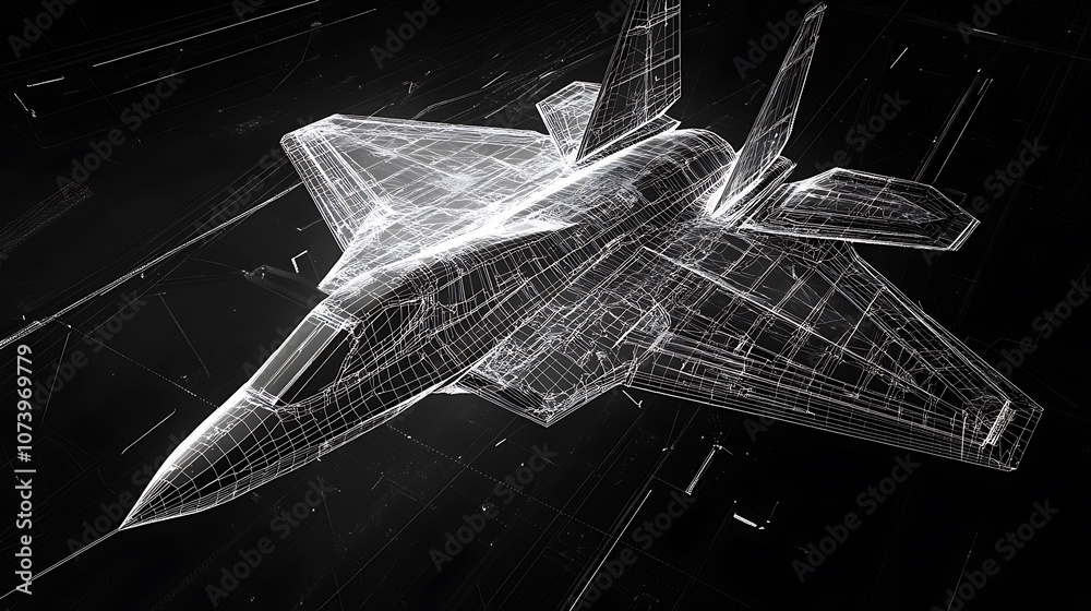 Poster 3d wireframe render of stealth aircraft design in black and white
