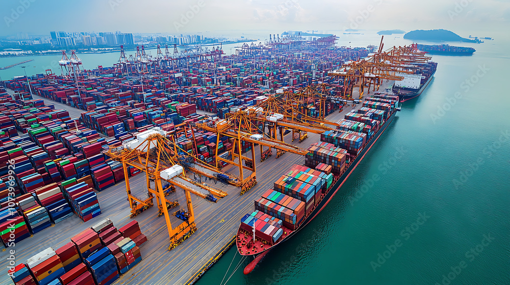 Poster AI technology enhances global logistics for international delivery, using a world map to manage supply chains and container ship networks for export-import processes