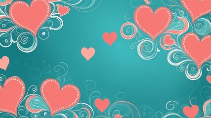 Cute teal and coral swirls with hearts background