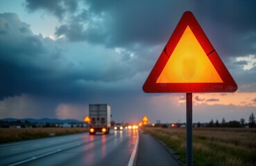 Red triangular warning sign on asphalt road. Cars drive on highway, traffic on freeway. Dramatic sky. Sunset with dark clouds. Road safety, danger sign, warning signal. Roadwork, construction,