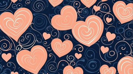 Cute peach and navy blue swirls with hearts background
