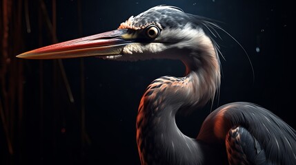 Close-up portrait of a heron on a black background. Generative AI