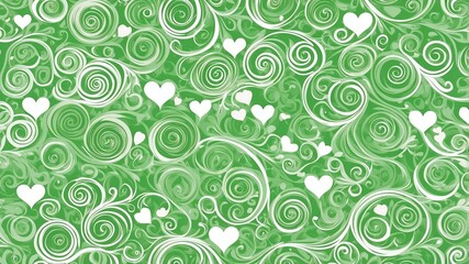 Fototapeta premium Cute green and white swirls with hearts background