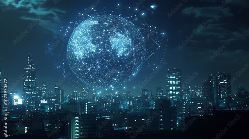 Fototapete a digital globe with connecting dots and lines representing global connectivity, against the backdro
