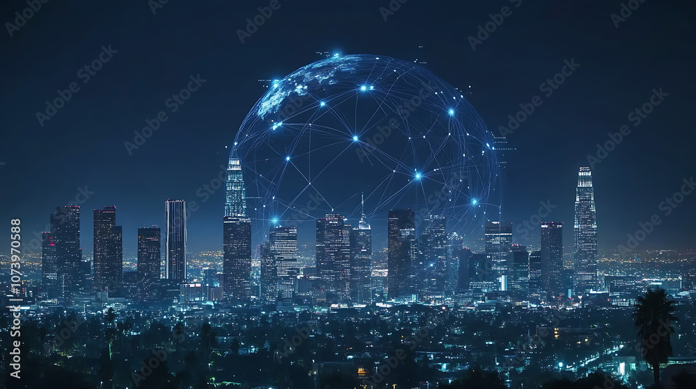 Poster A digital globe with global network connections and a cityscape background, representing the concept of connectivity in business