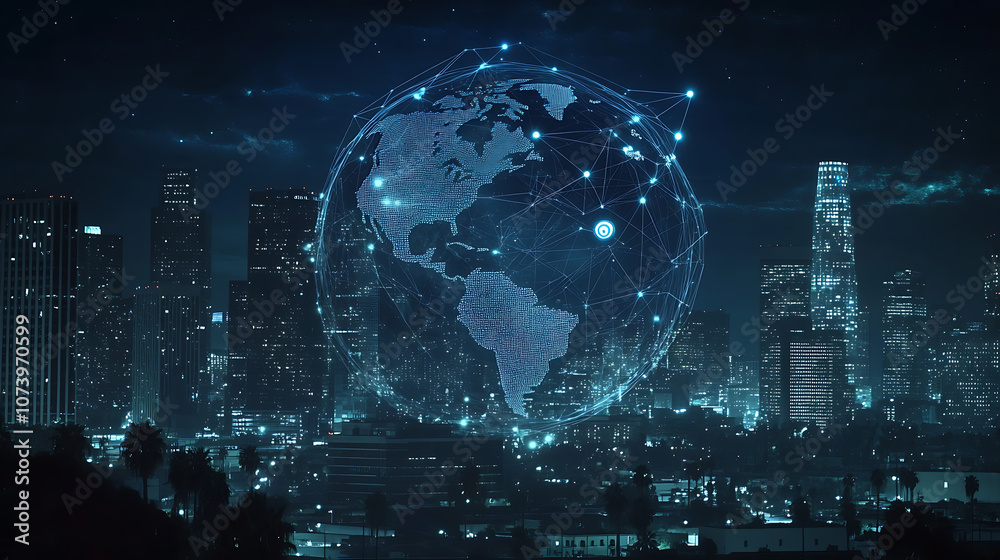 Fototapete a digital globe with connecting dots and lines representing global connectivity, against the backdro