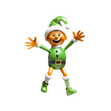 &Iacute;cone de elfo natalino 3d pulando alegre com bra&ccedil;os e pernas abertos. Ajudante de papai noel com roupa e gorro verde alegre no natal em fundo transparente sem fundo