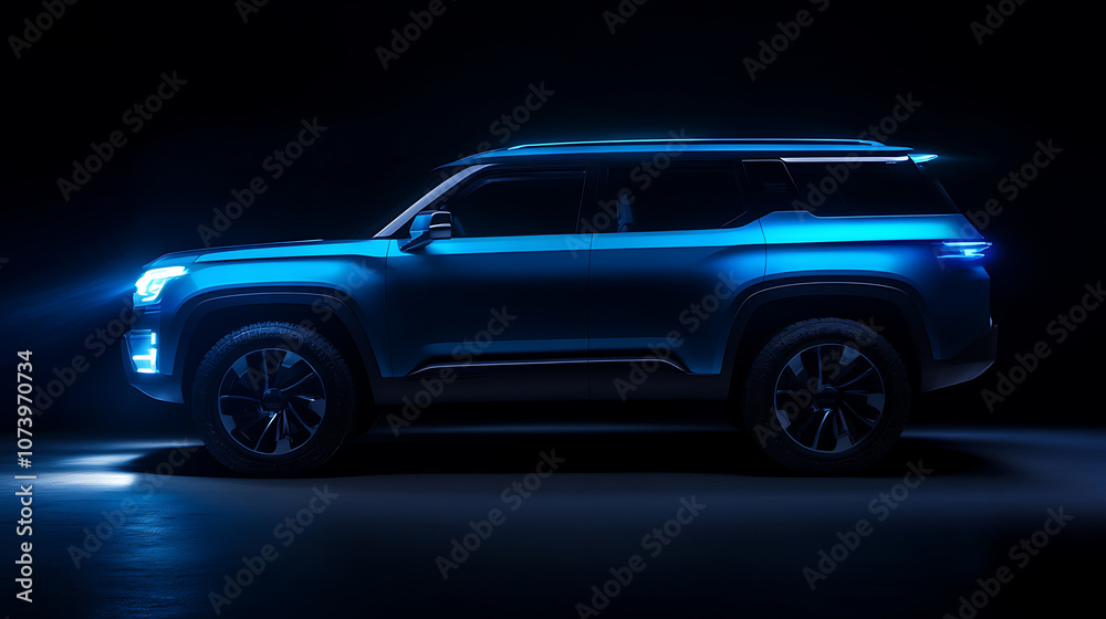 Aufkleber a blue suv car with its headlights on is illuminated against the dark background, creating an atmosp