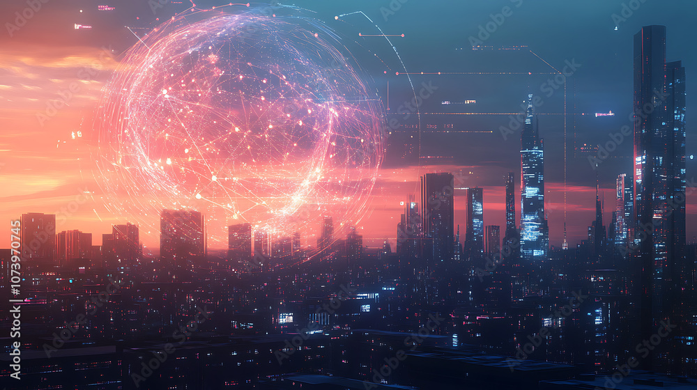 Poster a digital globe with global network connections and a cityscape background, representing the concept