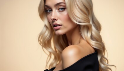Naklejka premium A beautiful woman with long, wavy hair and natural makeup poses gracefully against a soft beige background, exuding elegance and sophistication. Her expression is serene and confident.