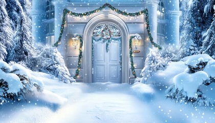 Snow-covered entrance decorated with festive lights, evoking a winter wonderland scene.